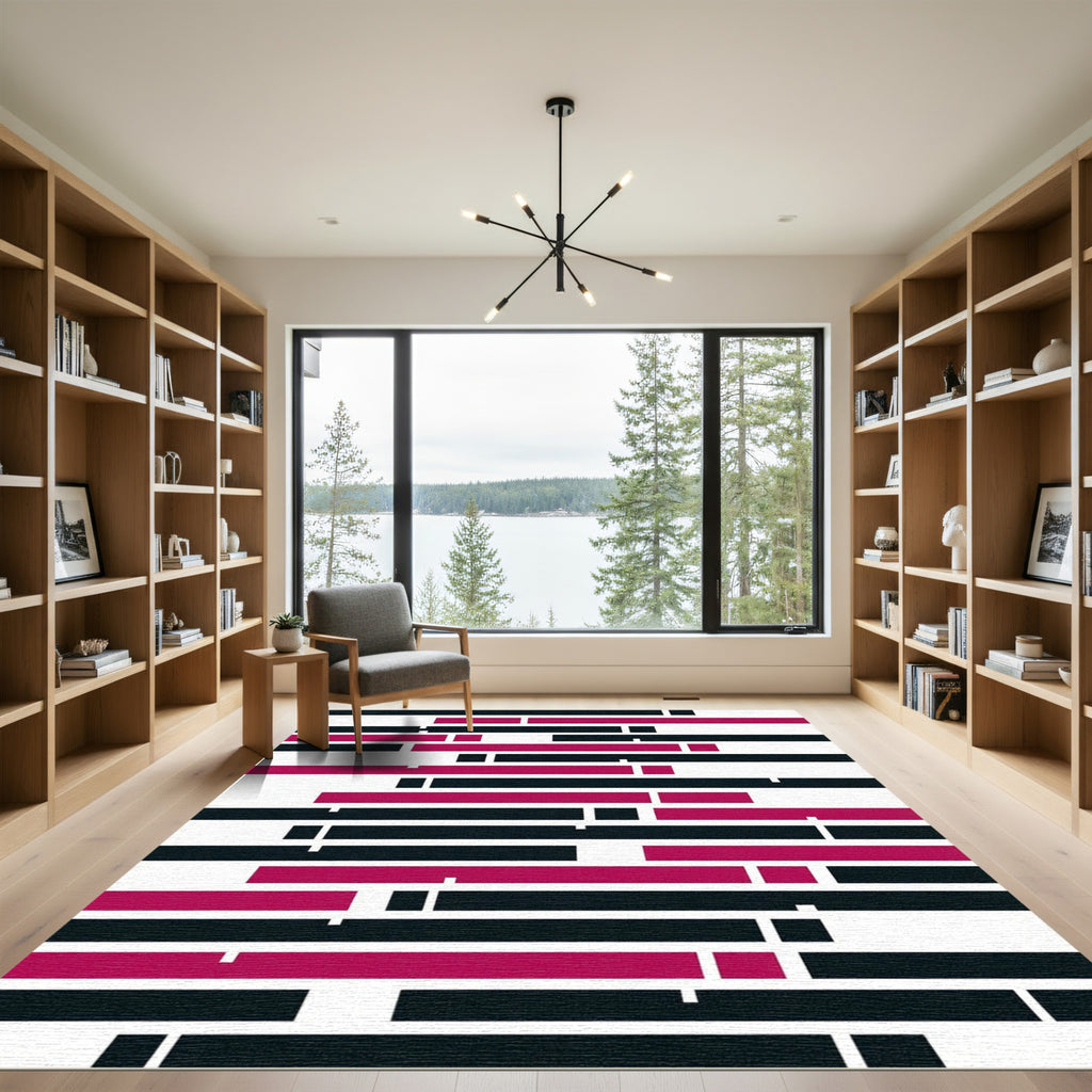 Modern Magenta and Black Horizontal Stripe Rug