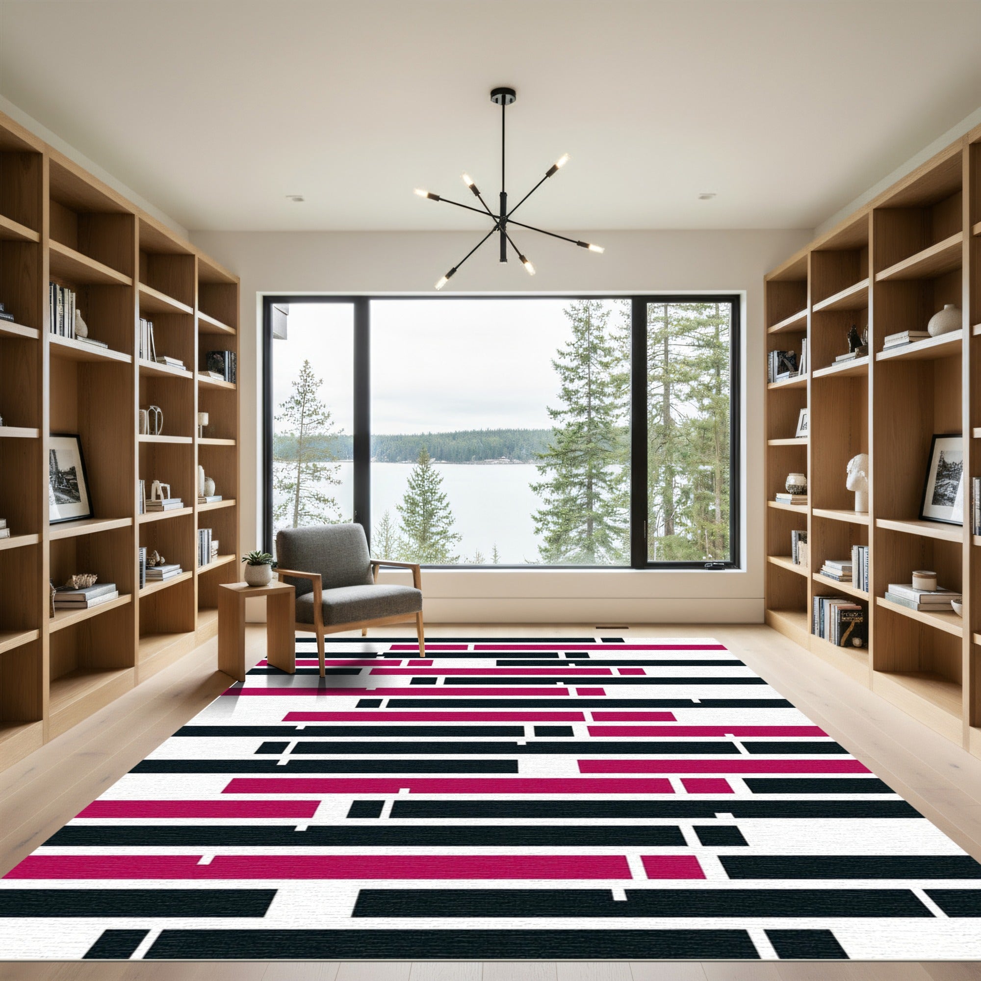 Modern Magenta and Black Horizontal Stripe Rug