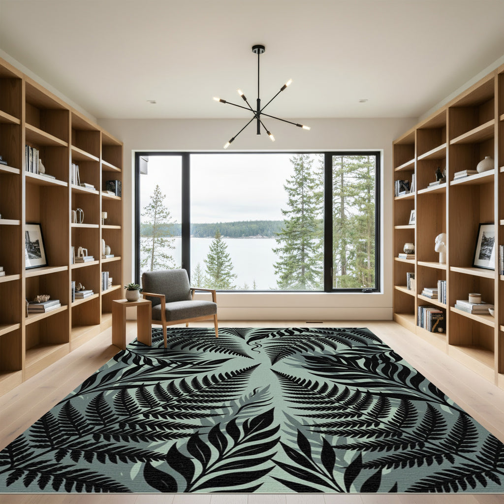 Lush Black Tropical Fern Foliage Rug