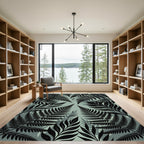 Lush Black Tropical Fern Foliage Rug