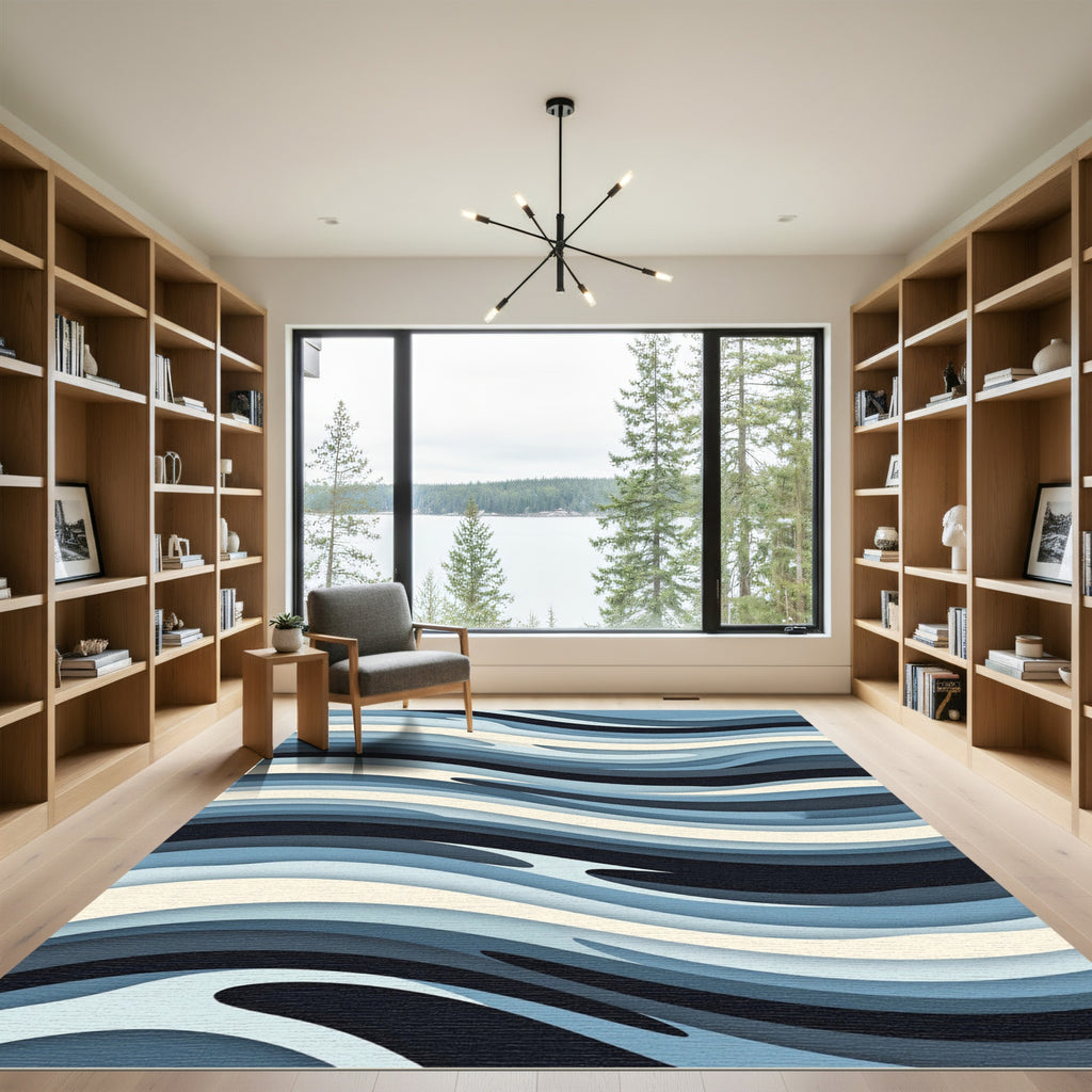 Modern Blue Layered Abstract Wave Rug