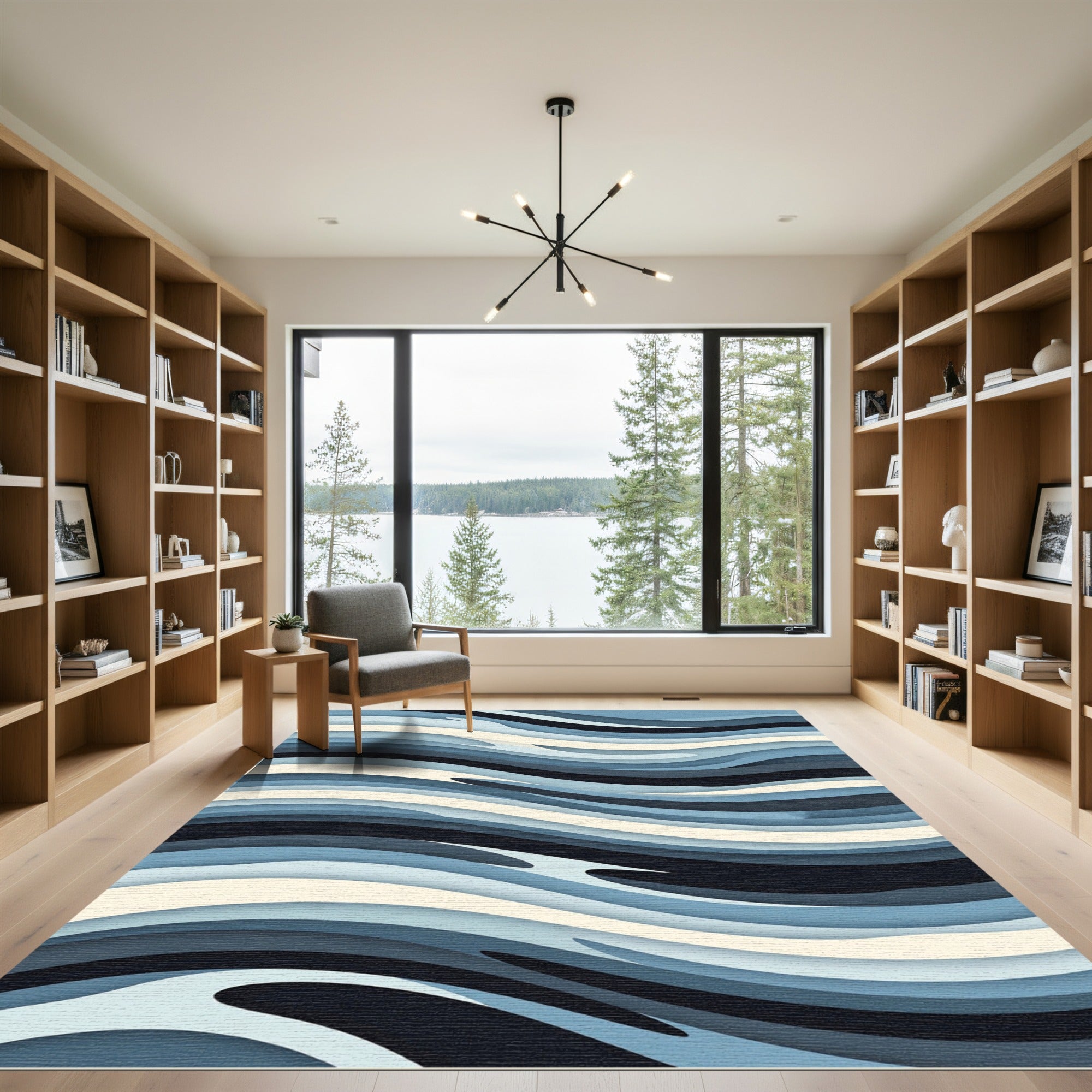 Modern Blue Layered Abstract Wave Rug