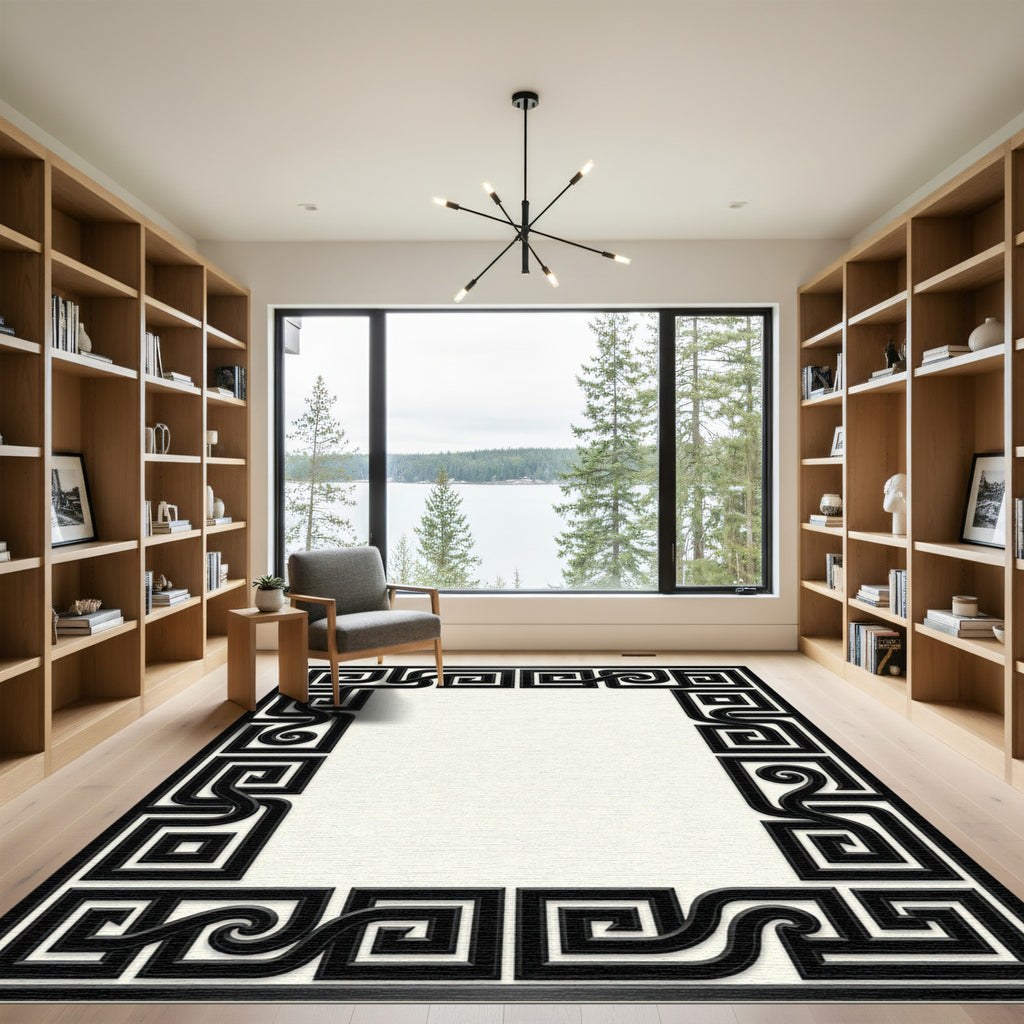 Black Greek Key Scroll Border Rug