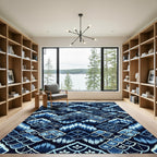 Deep Blue Scaled Ikat Floral Rug