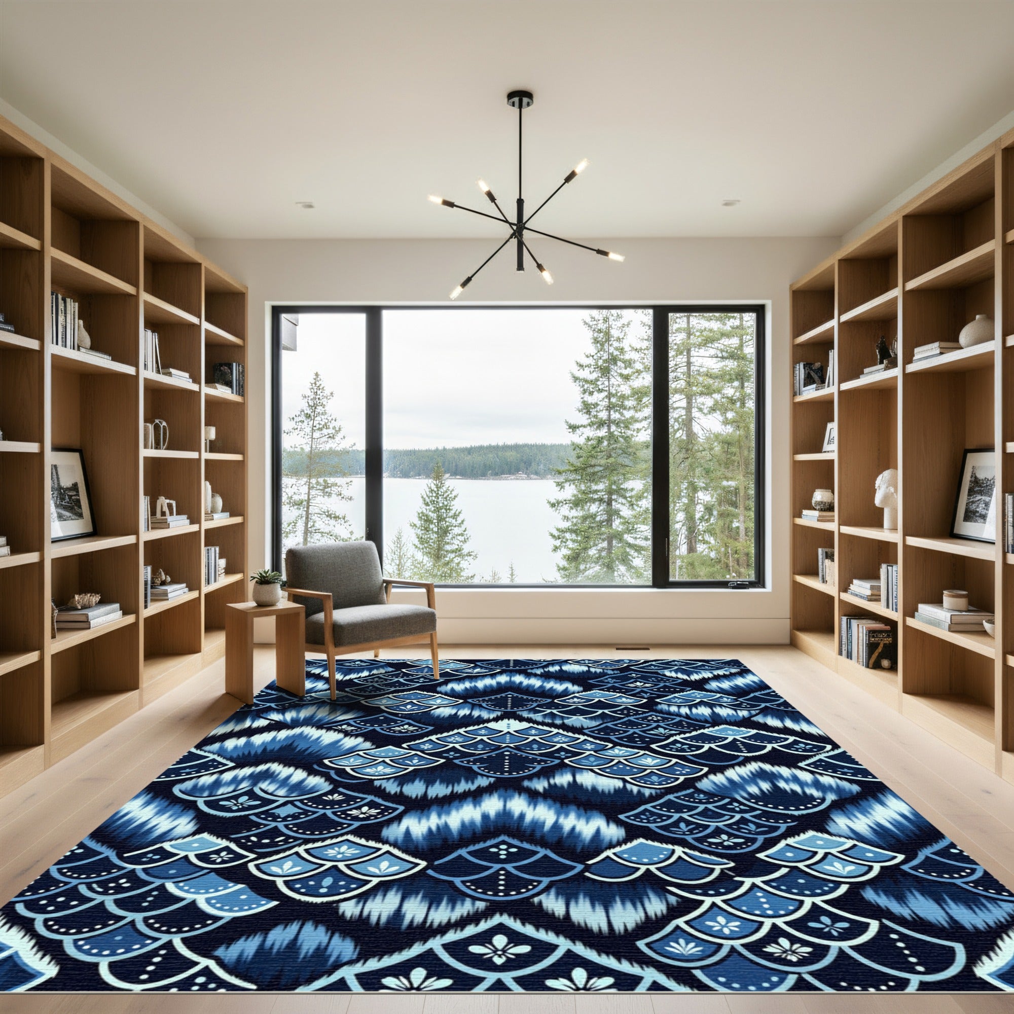 Deep Blue Scaled Ikat Floral Rug