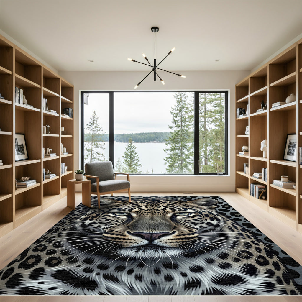 Realistic Leopard Spot Animalistic Portrait Rug