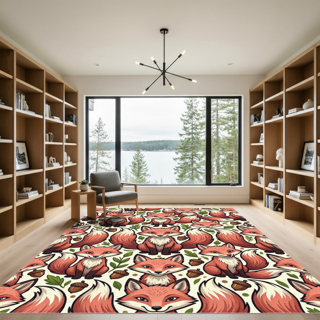 Whimsical Orange Fox Woodland Acorn Illustration Rug