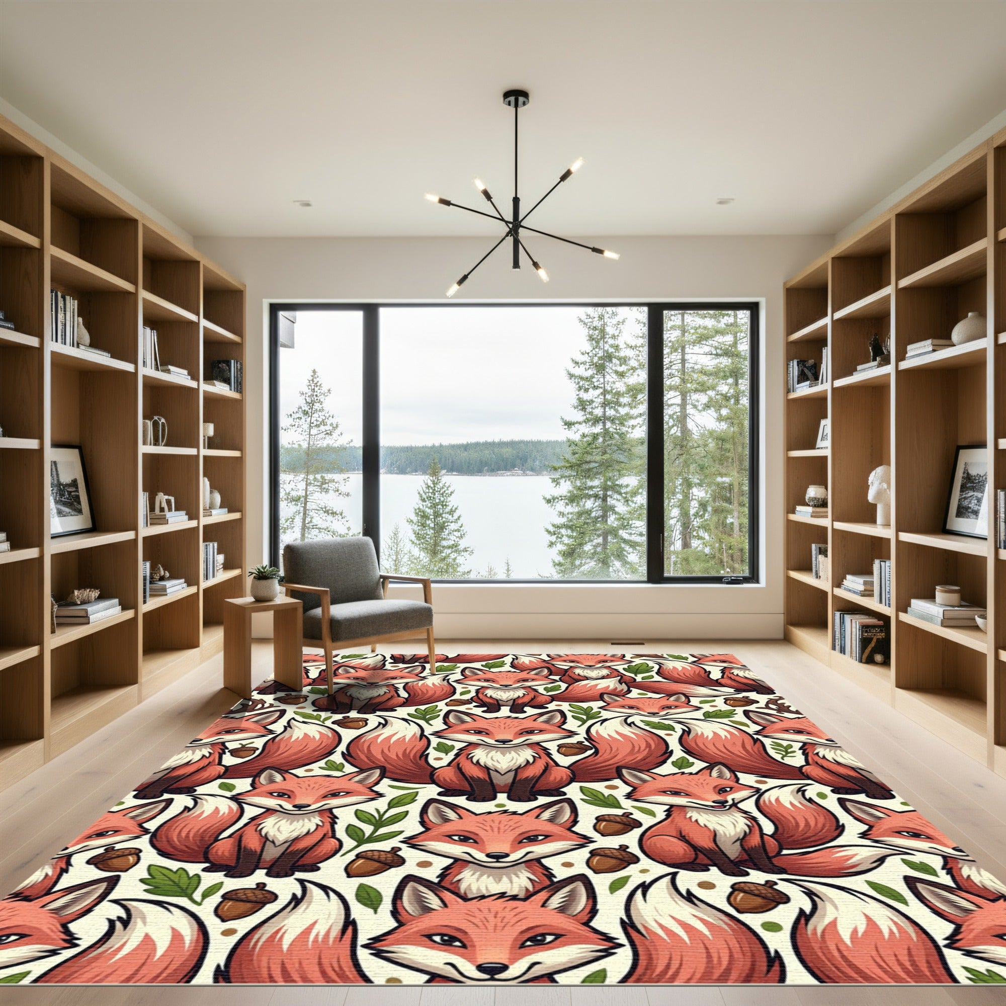 Whimsical Orange Fox Woodland Acorn Illustration Rug