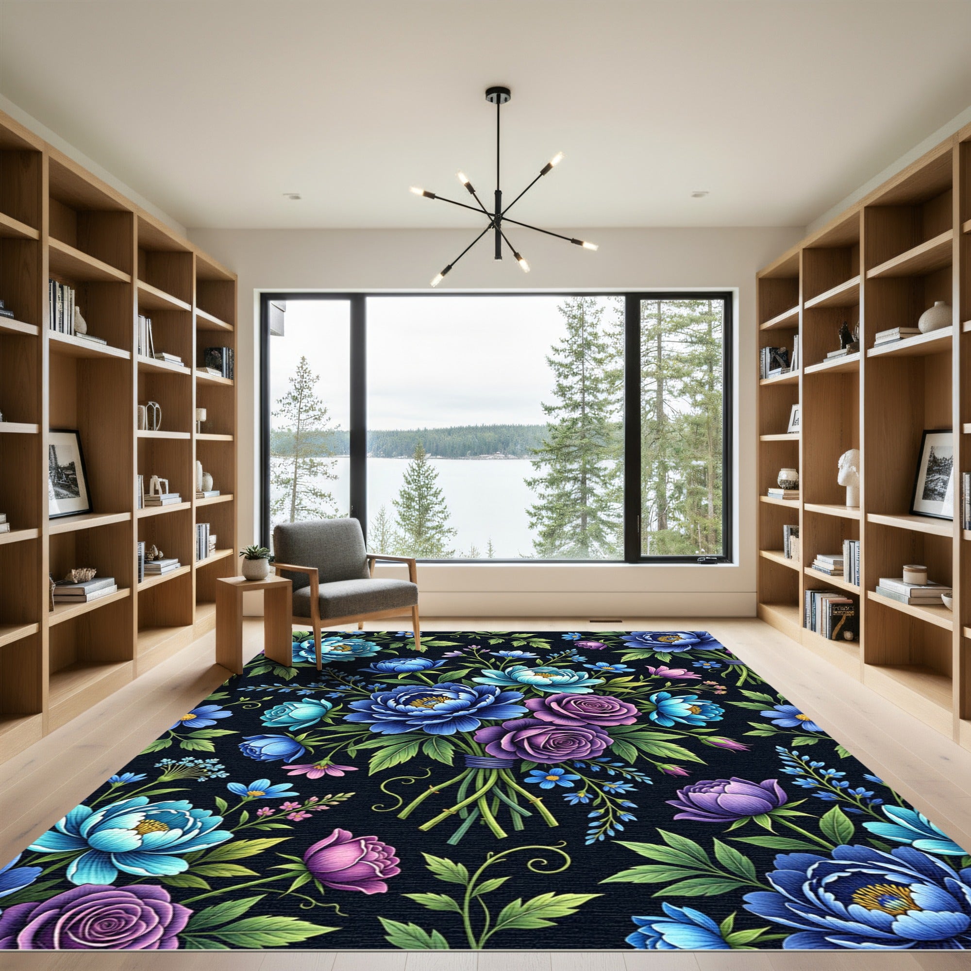 Lush Blue Peony Floral Bouquet Rug