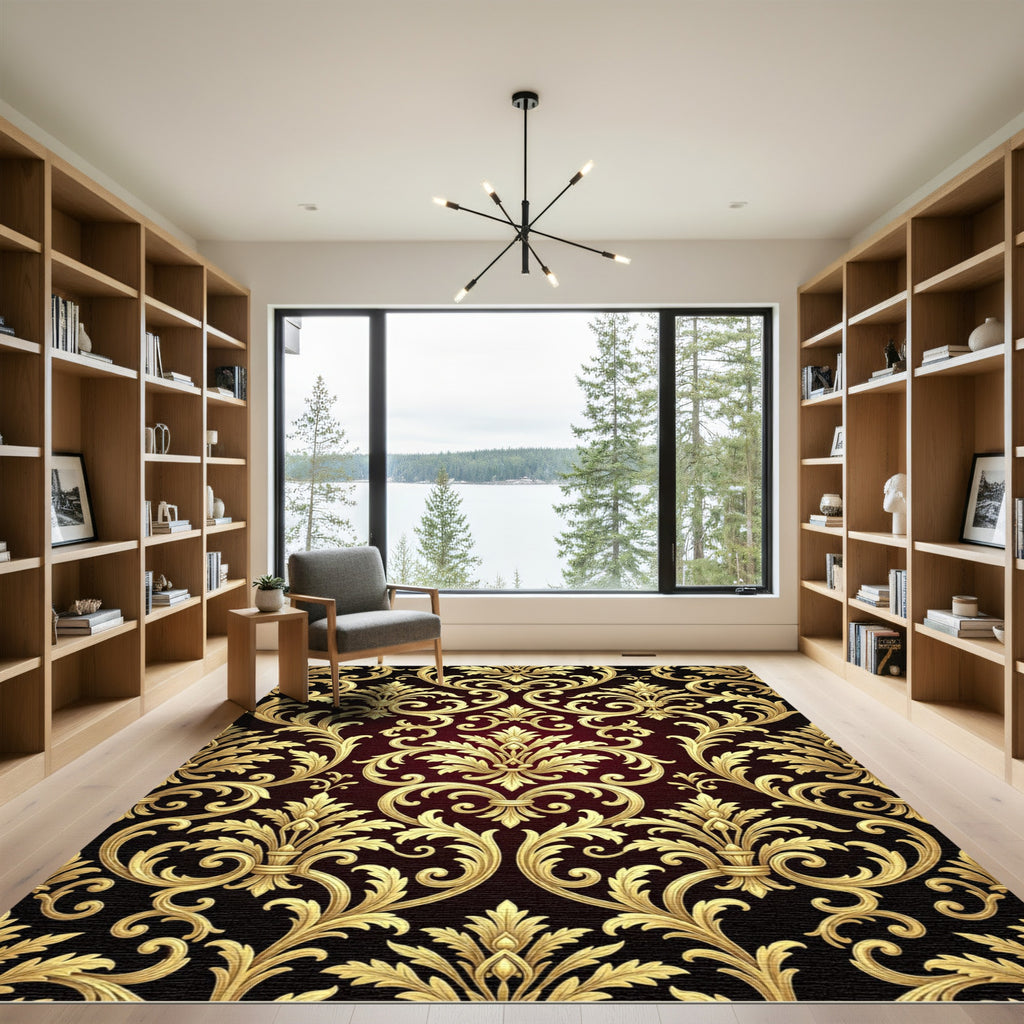 Luxurious Gold Damask Burgundy Scroll Rug