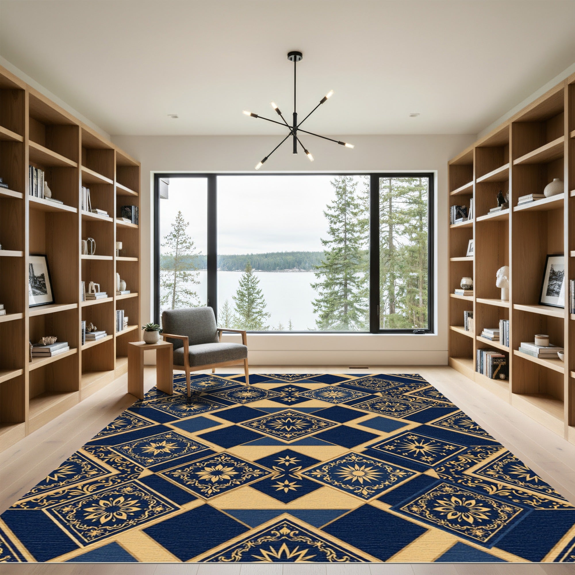 Deep Blue Gold Medallion Tile Arrangement Rug