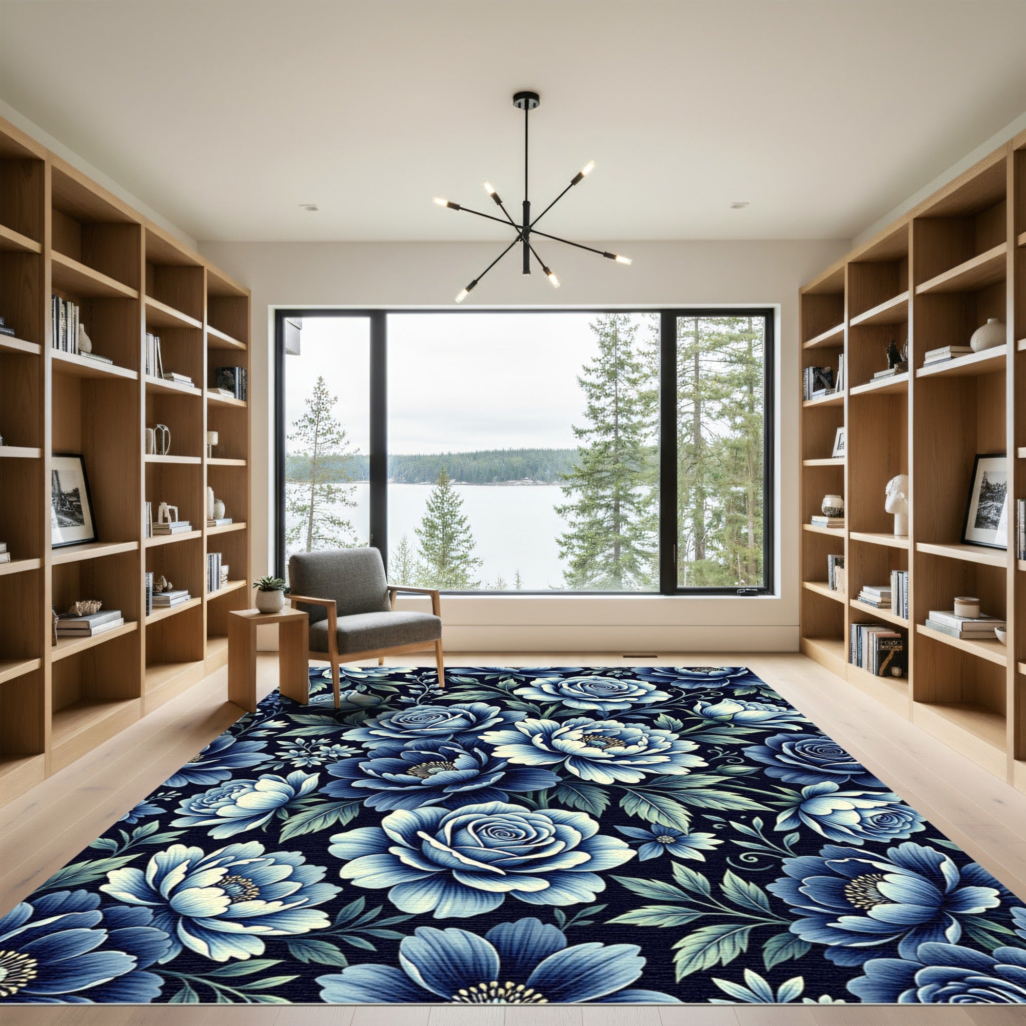 Classic Blue Floral Garden Arrangement Rug