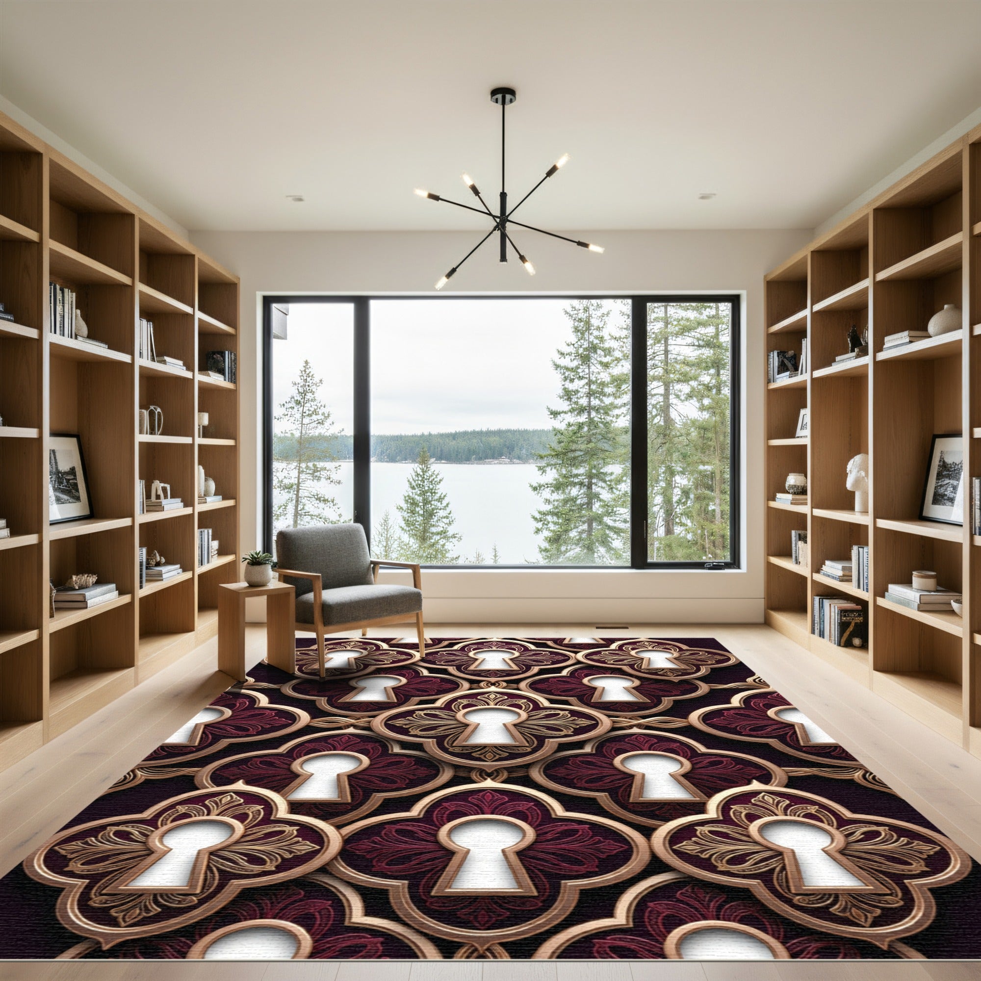 Ornate Burgundy and Gold Filigree Keyhole Rug