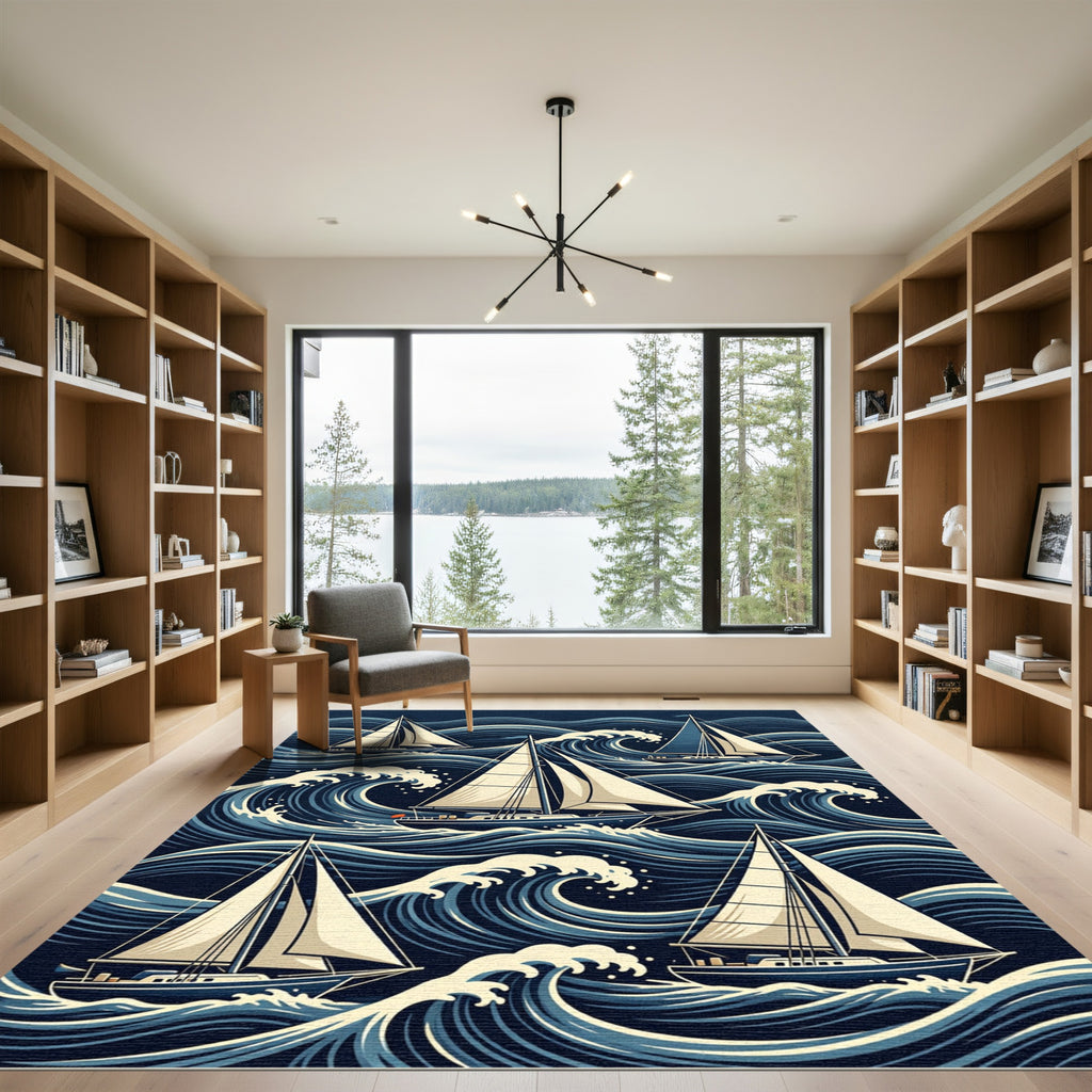 Navy Blue Sailboat Nautical Wave Composition Rug