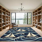 Navy Blue Sailboat Nautical Wave Composition Rug