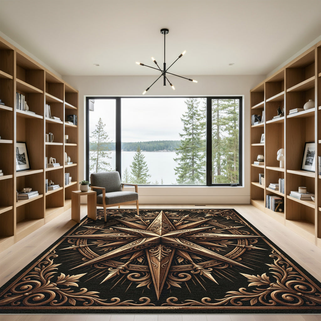 Ornate Bronze Compass Star Medallion Rug