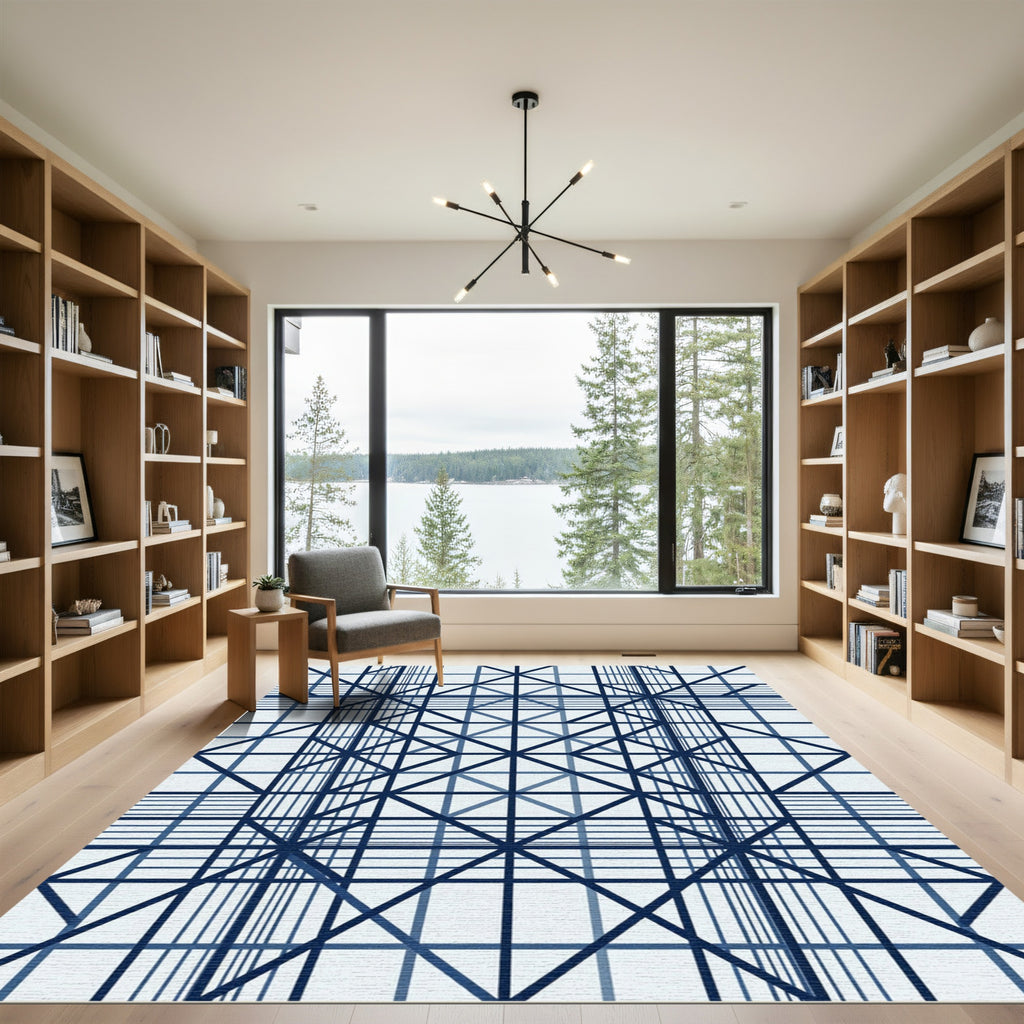 Deep Blue Geometric Grid Composition Rug
