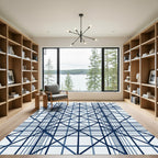 Deep Blue Geometric Grid Composition Rug