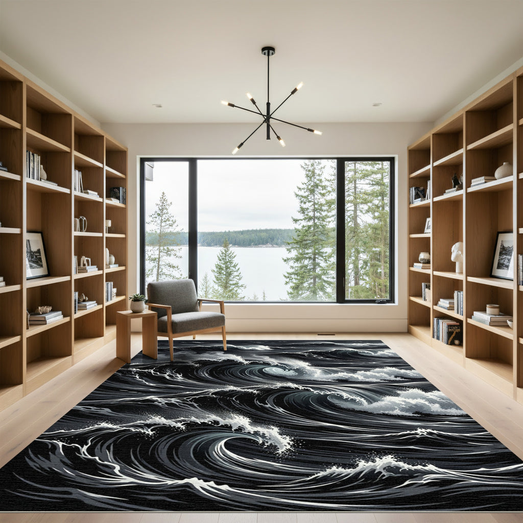 Dramatic Dark Ocean Wave Swirls Rug