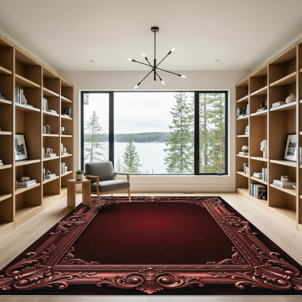 Ornate Oxblood Baroque Filigree Frame Rug