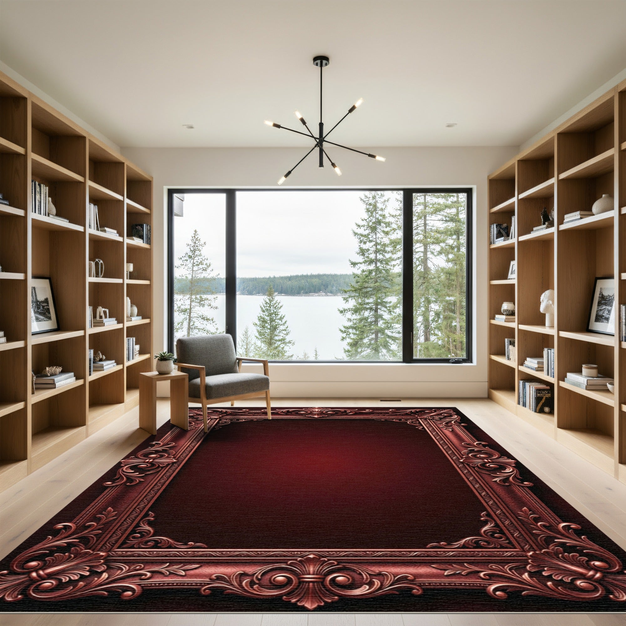 Ornate Oxblood Baroque Filigree Frame Rug