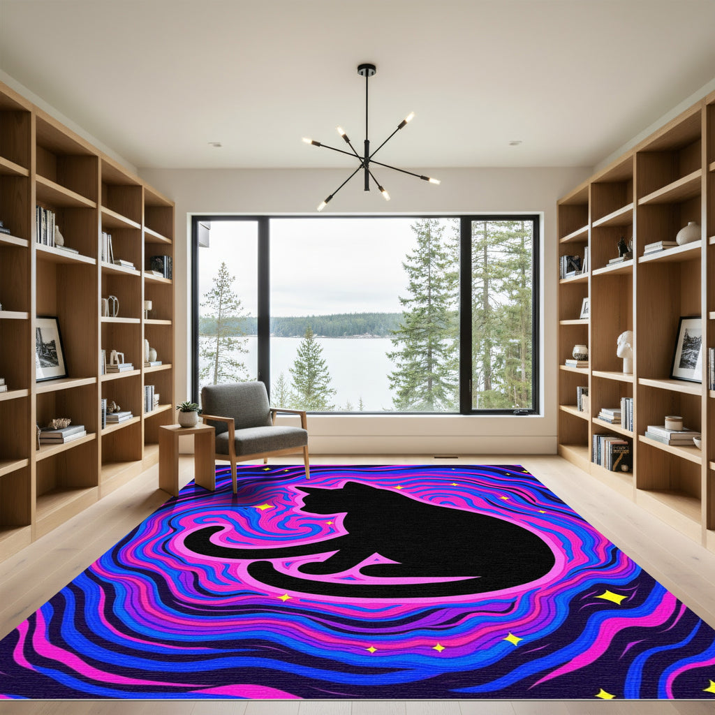 Cosmic Black Cat Swirl Stars Rug