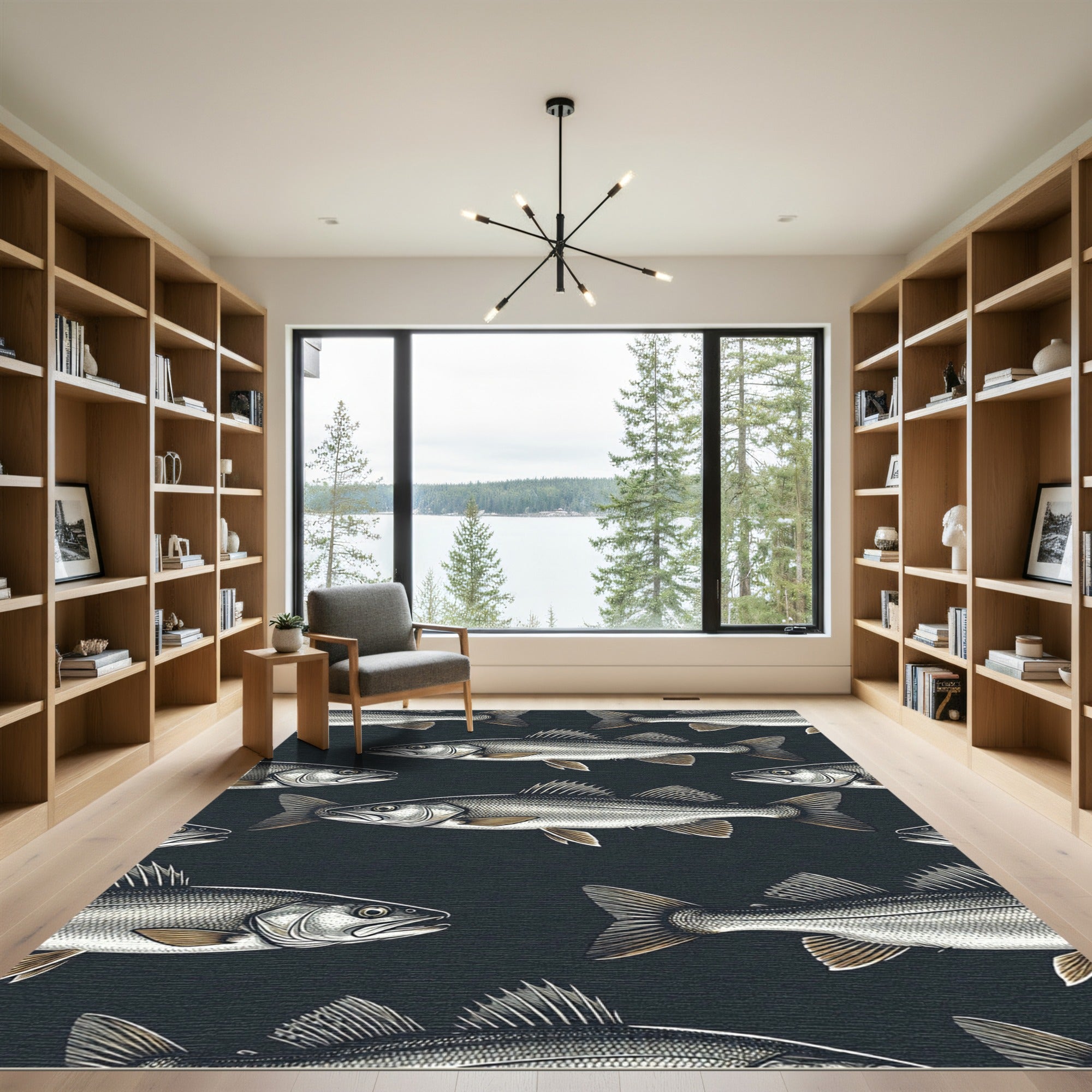 Minimalist Graphite Gray Deep Sea Fish Rug