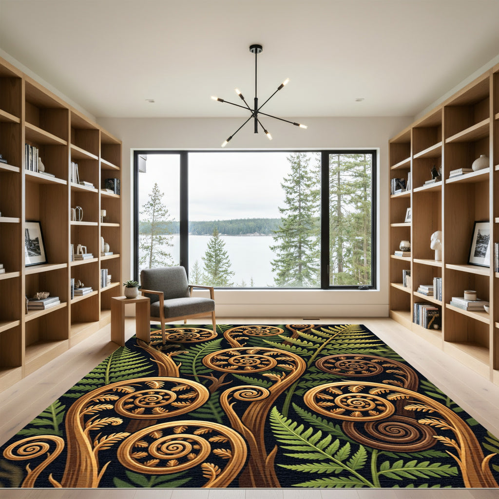 Golden Fern Frond Swirls Botanical Rug