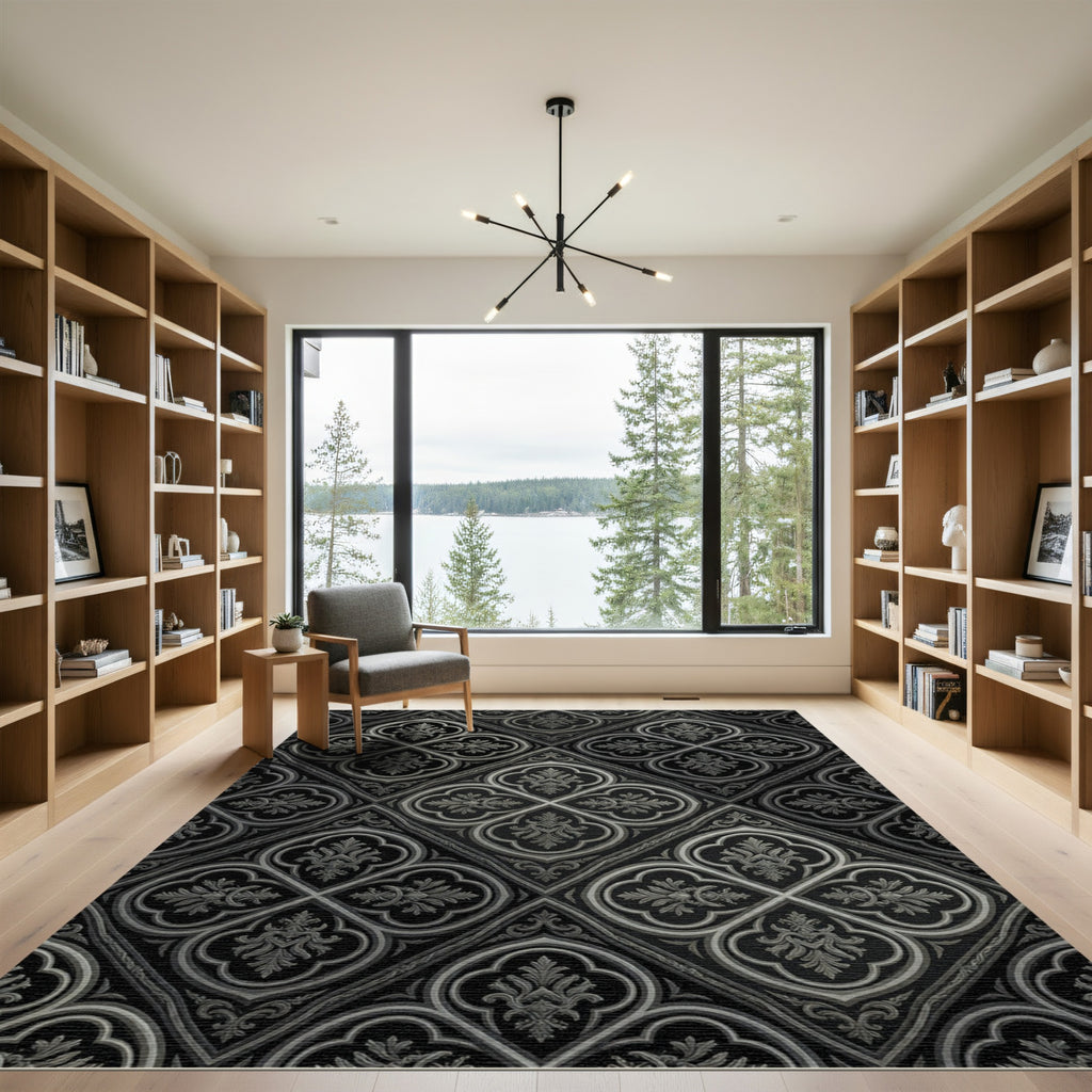 Gothic Black Silver Quatrefoil Lattice Rug