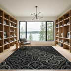 Gothic Black Silver Quatrefoil Lattice Rug