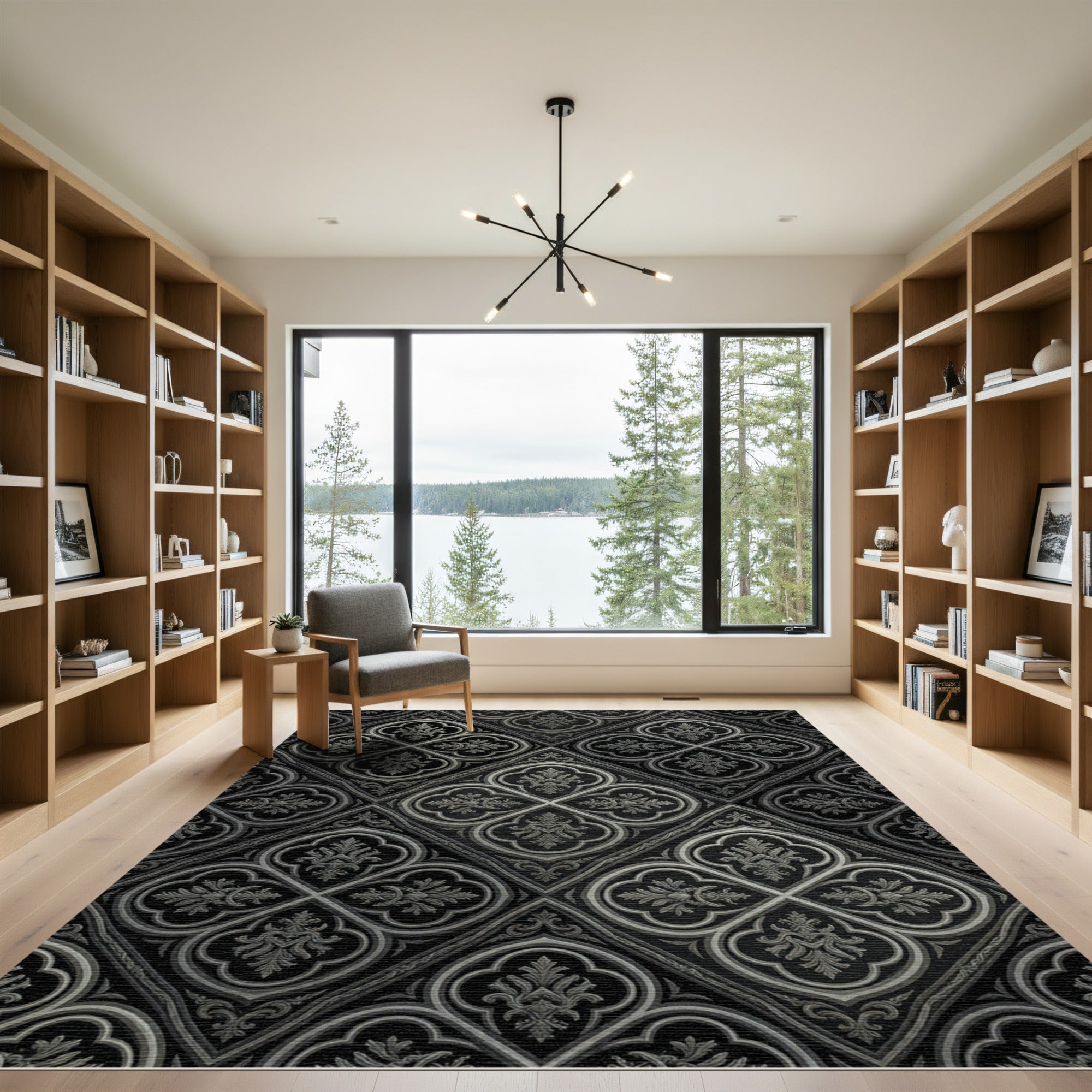 Gothic Black Silver Quatrefoil Lattice Rug