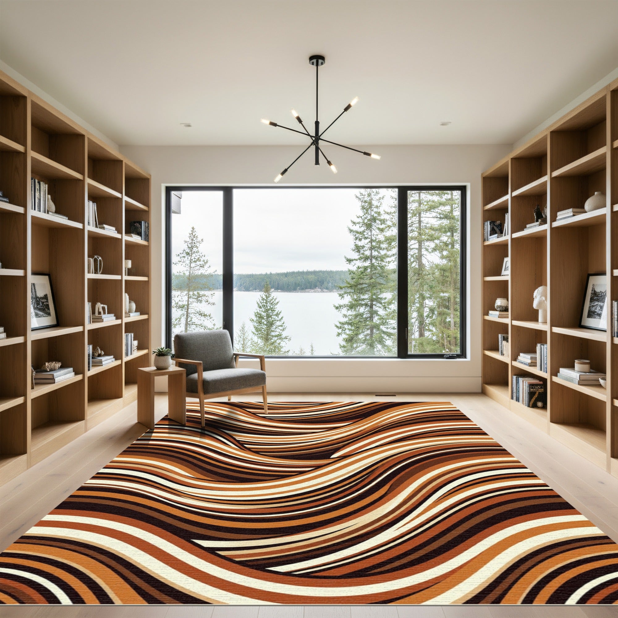 Modern Earthy Copper Wavy Stripe Rug