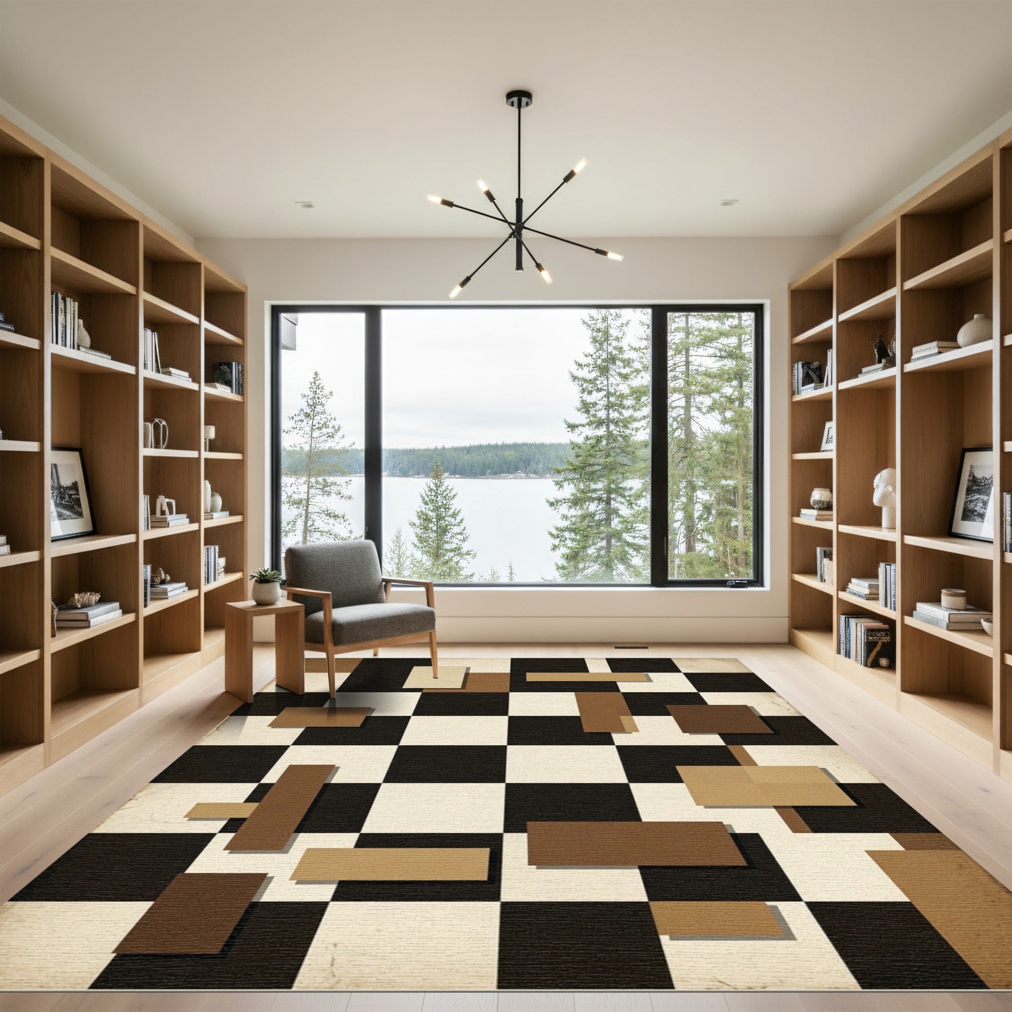 Brown Cream Checkerboard Geometric Rectangles Rug