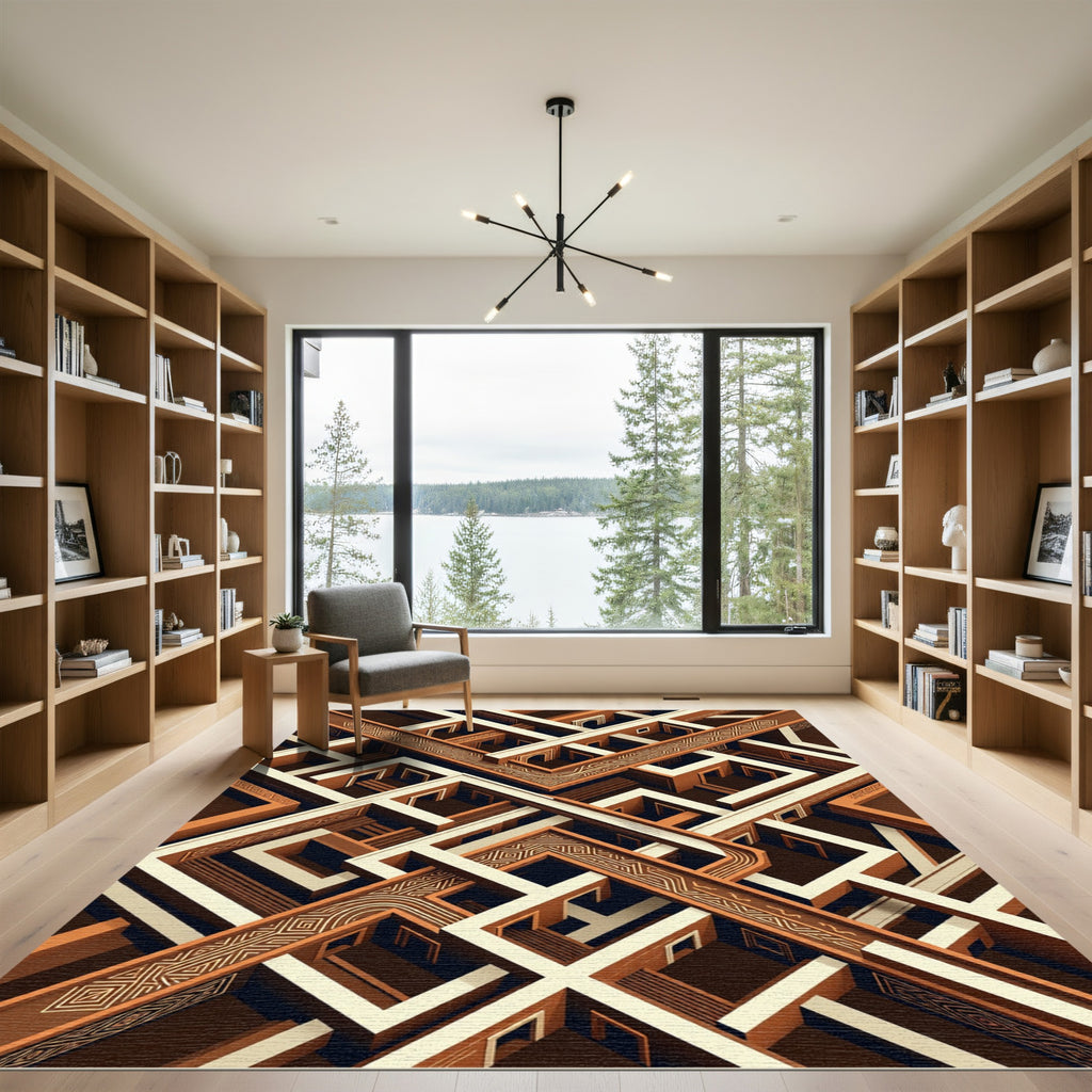 Abstract Terracotta Geometric Isometric Maze Rug
