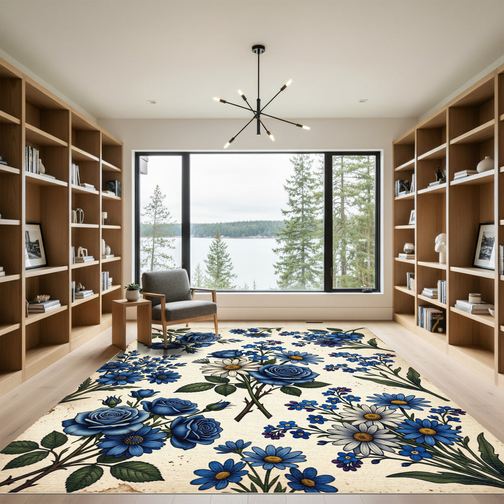 Deep Blue Floral Bouquet Accents Rug