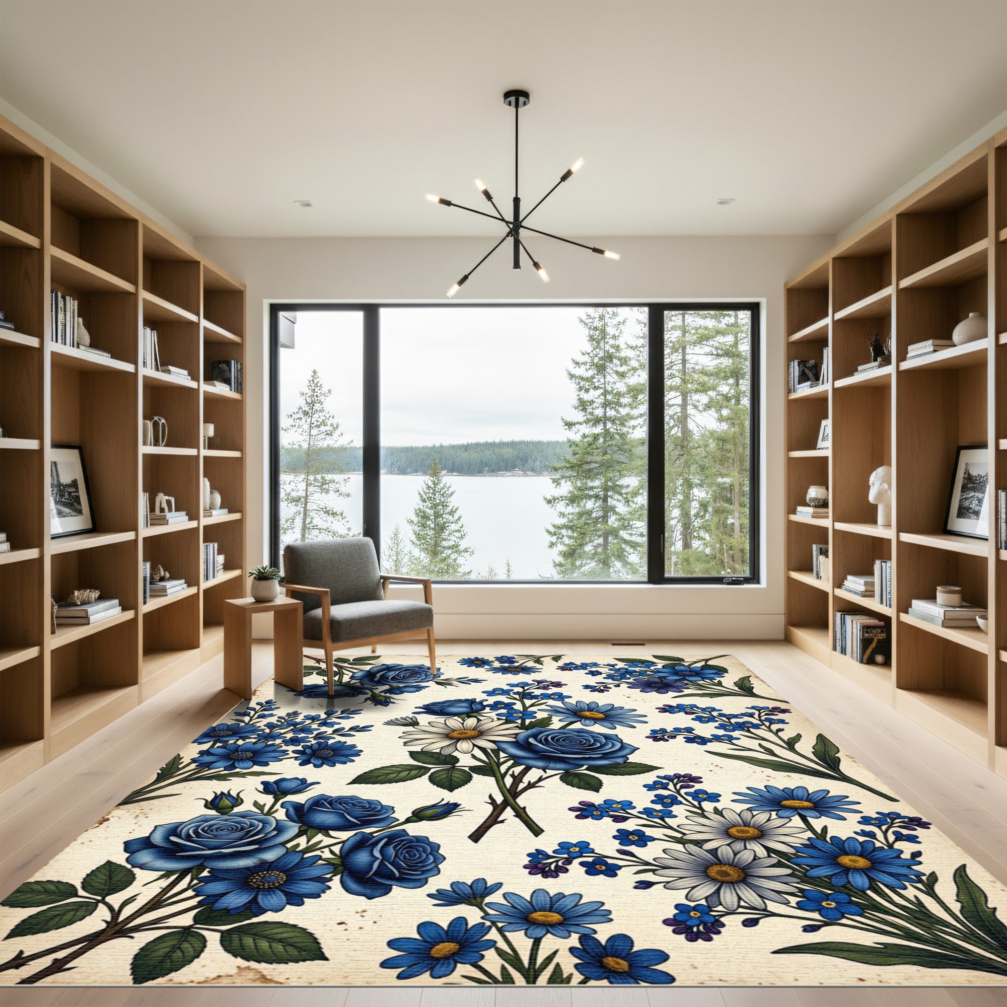 Deep Blue Floral Bouquet Accents Rug