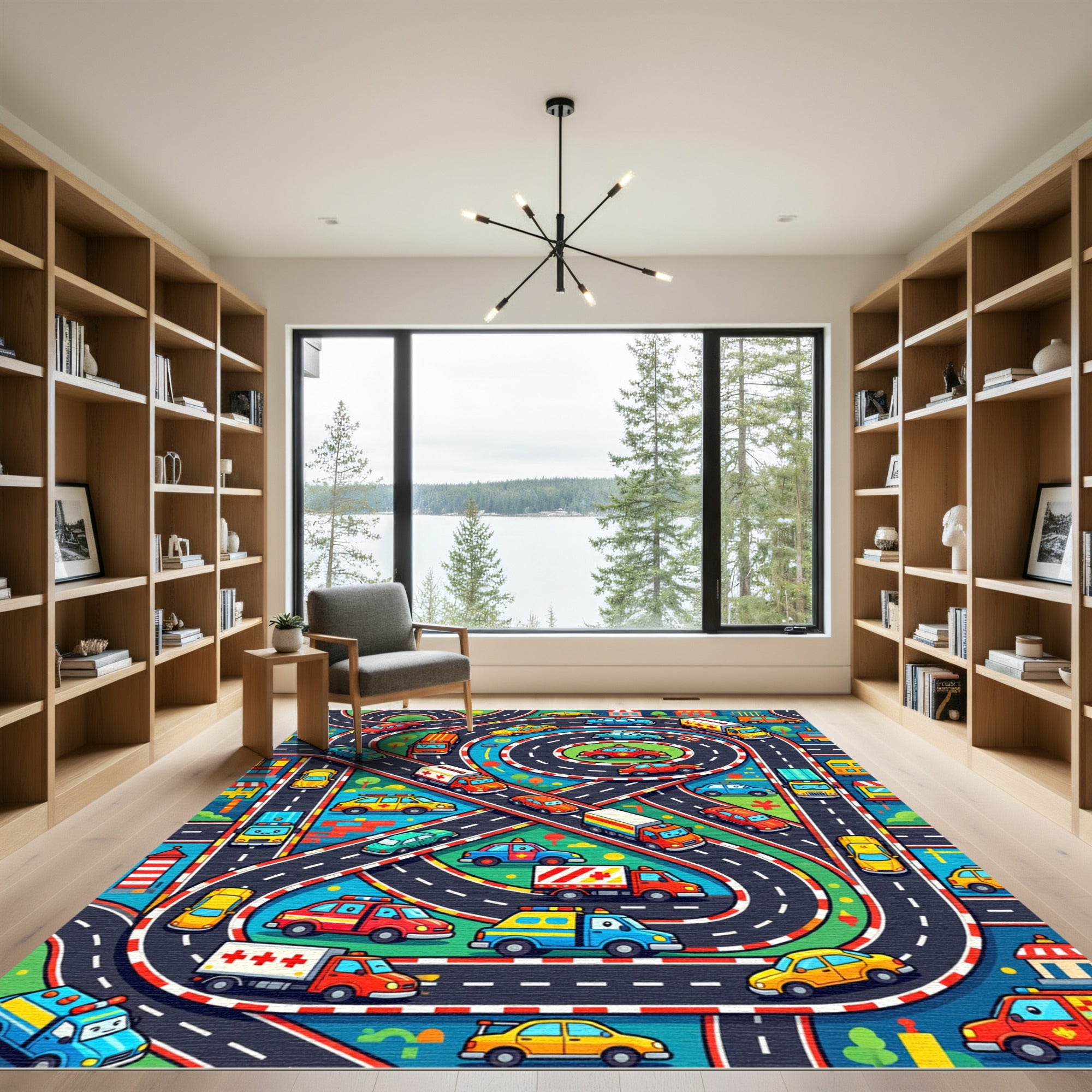 Colorful City Traffic Roadway Scene Rug