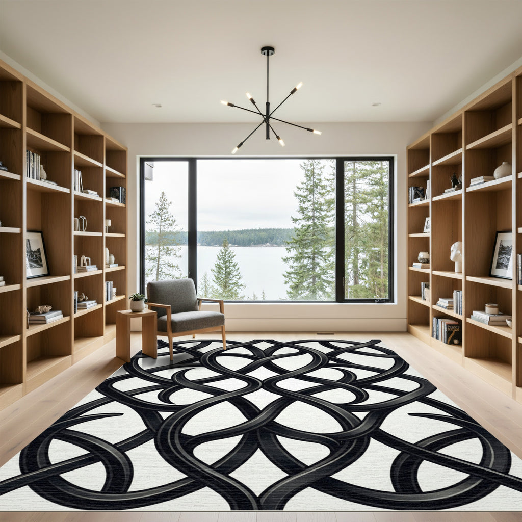 Elegant Black Intertwined Charcoal Scroll Rug