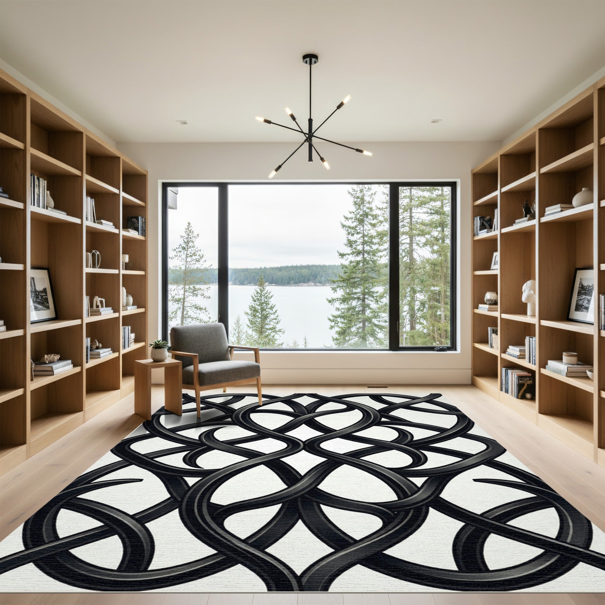 Elegant Black Intertwined Charcoal Scroll Rug