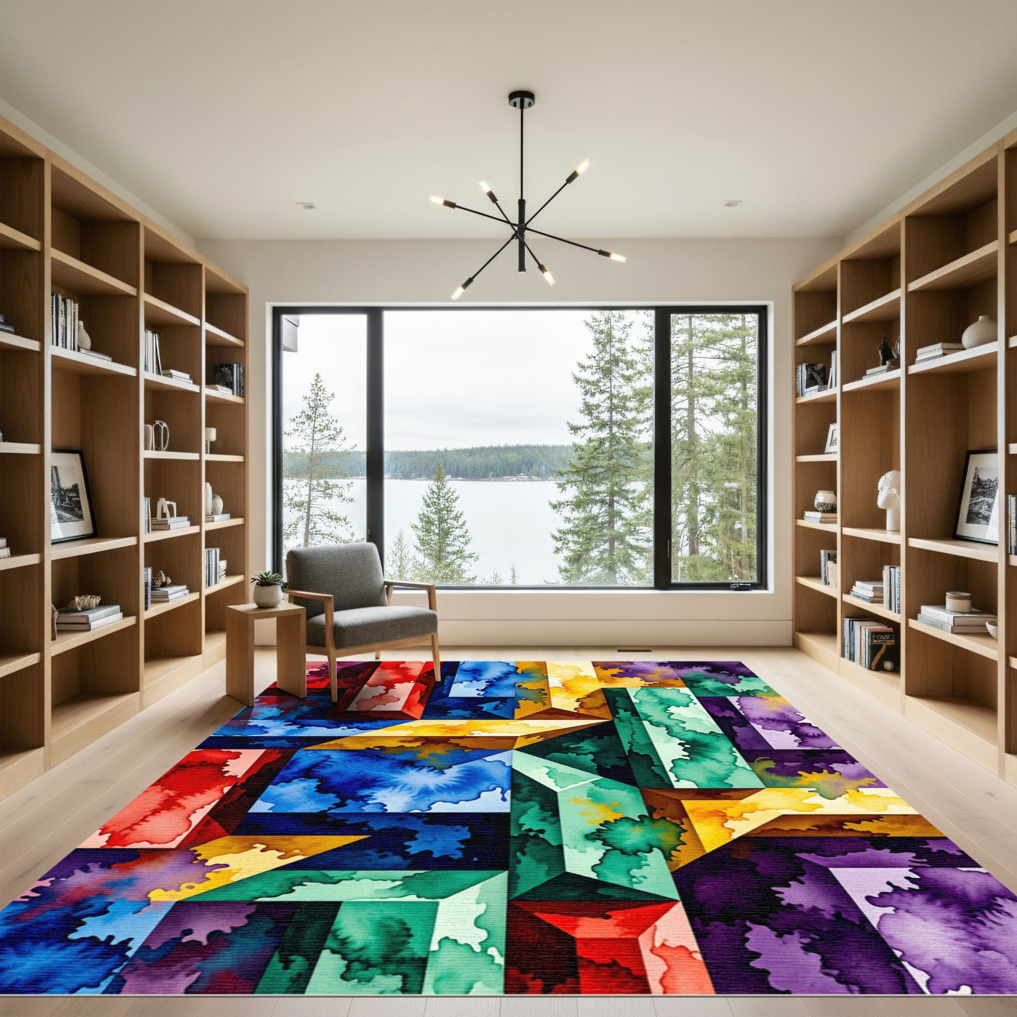 Vibrant Geometric Watercolor Cube Multicolored Art Rug