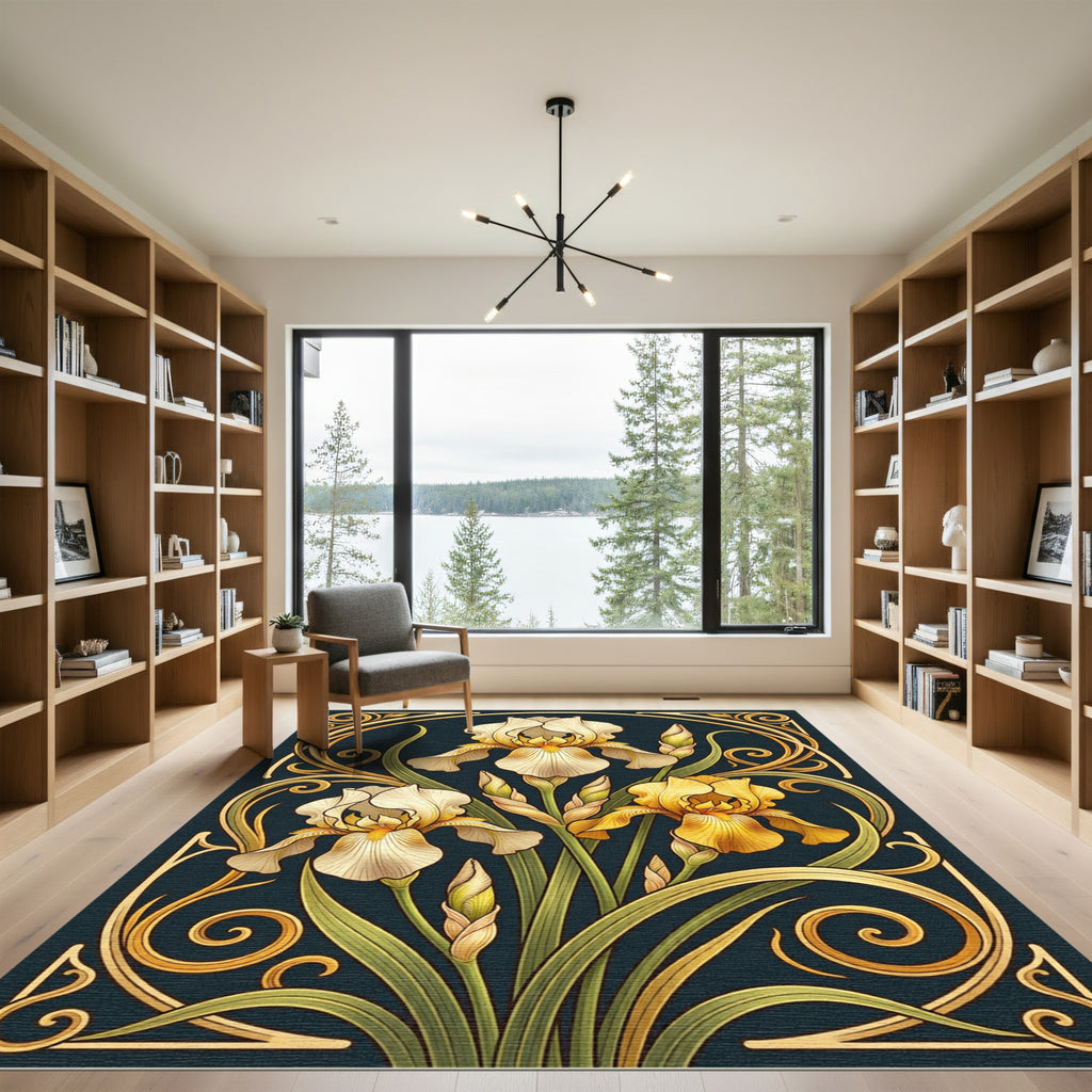 Art Nouveau Golden Iris Floral Scroll Rug