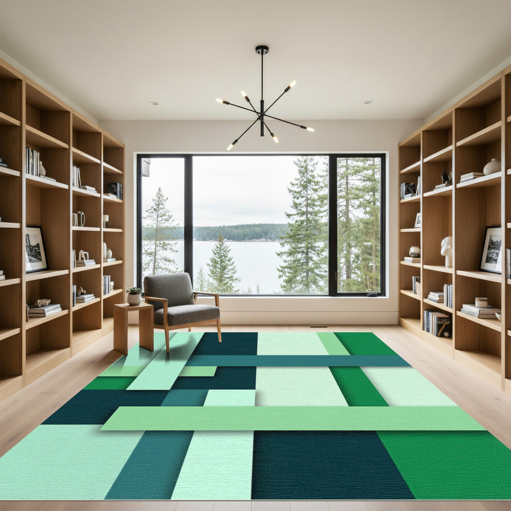 Modern Green Geometric Layered Striped Composition Rug