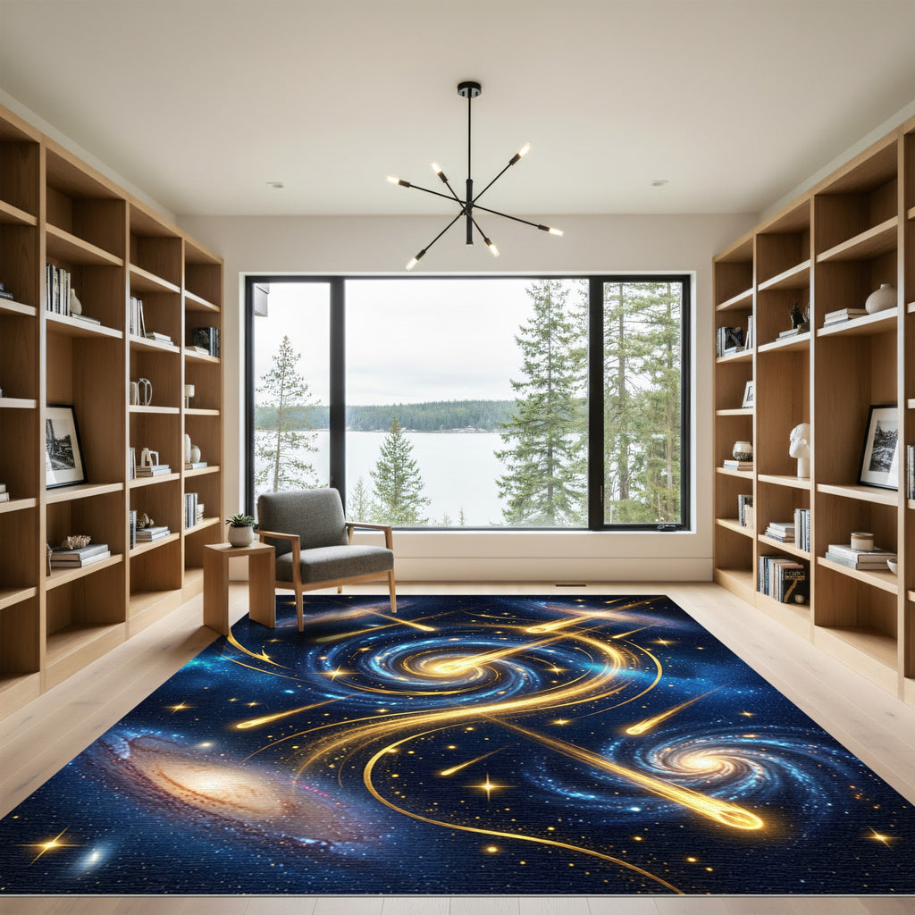 Celestial Gold Spiral Galaxy Art Rug