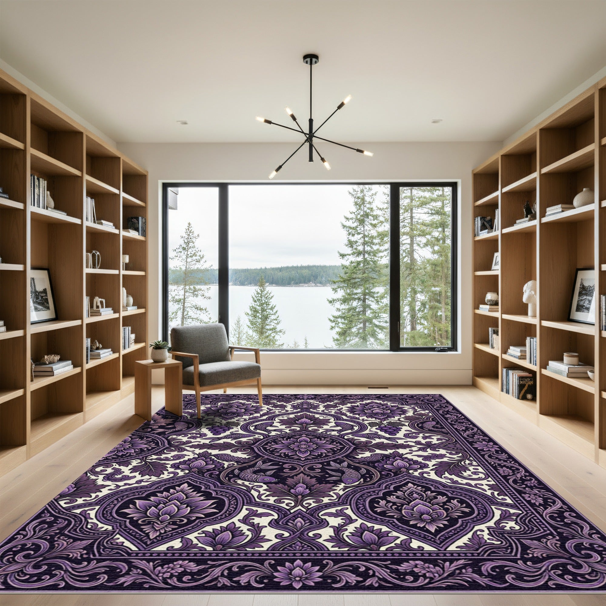 Rich Amethyst Floral Fish Medallion Rug