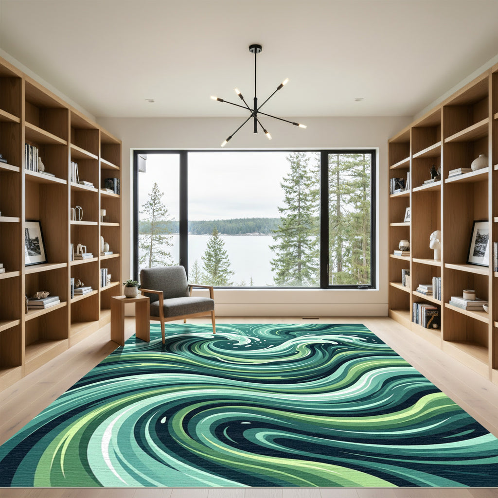 Modern Teal Flowing Ocean Wave Rug