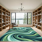 Modern Teal Flowing Ocean Wave Rug