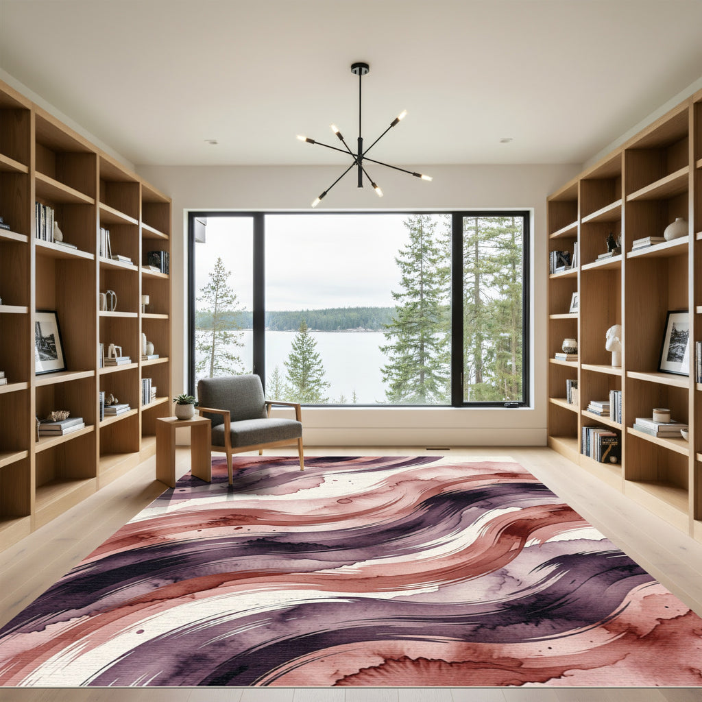 Elegant Abstract Burgundy Ink Wave Rug
