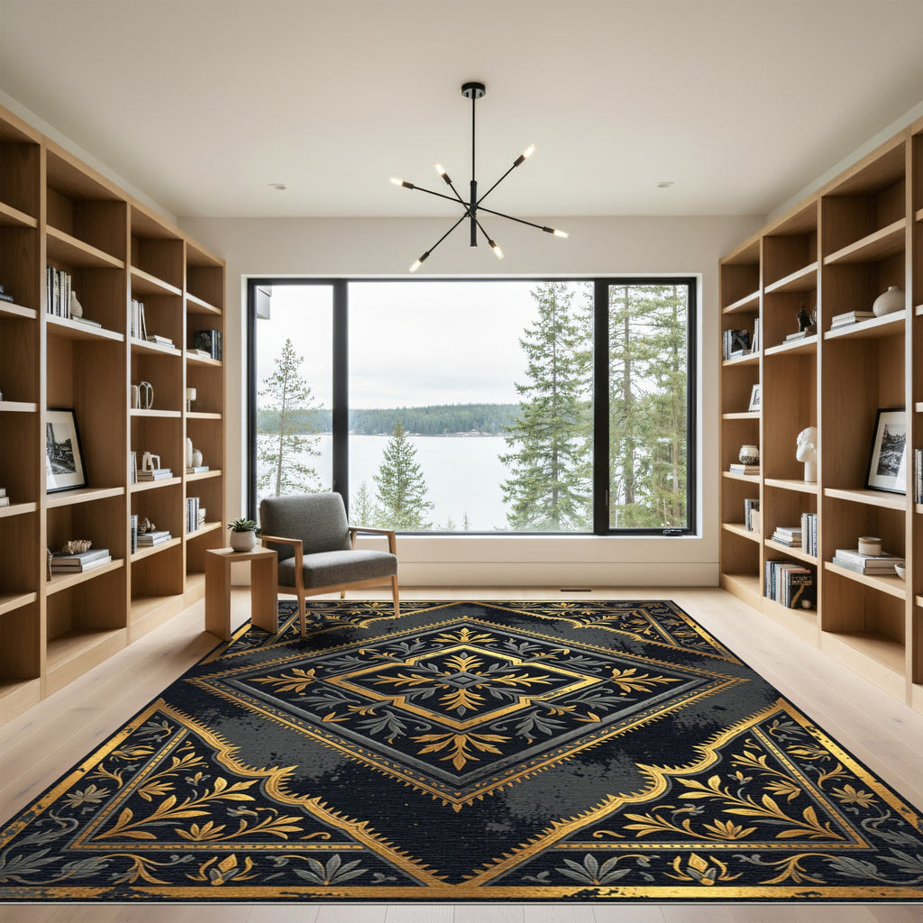 Ornate Gold Black Damask Diamond Medallion Rug