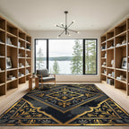 Ornate Gold Black Damask Diamond Medallion Rug