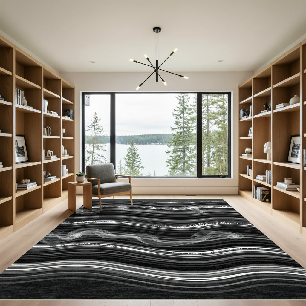 Monochrome Abstract Wavy Smoke Stream Rug